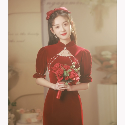 Бордовое цветное ципао, демисезонное вечернее платье, изысканный стиль, по фигуре, подходит для подростков, крой «рыбий хвост»