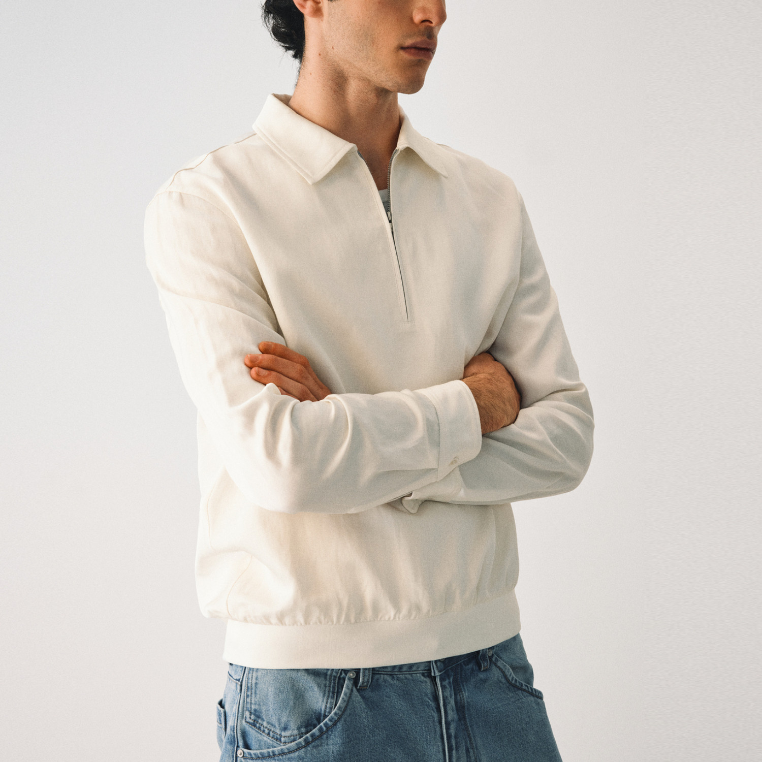 「亚麻混纺」翻领半拉链长袖衬衫POLO NONRADICAL
