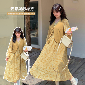甜美碎花裙套装2023秋新款大码女装胖MM马甲连衣裙两件套宽松显瘦