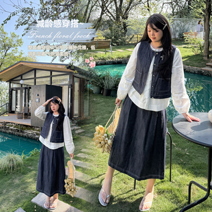 2026春季新款大码女装胖MM懒人三件套蝴蝶结仿麻牛仔套装