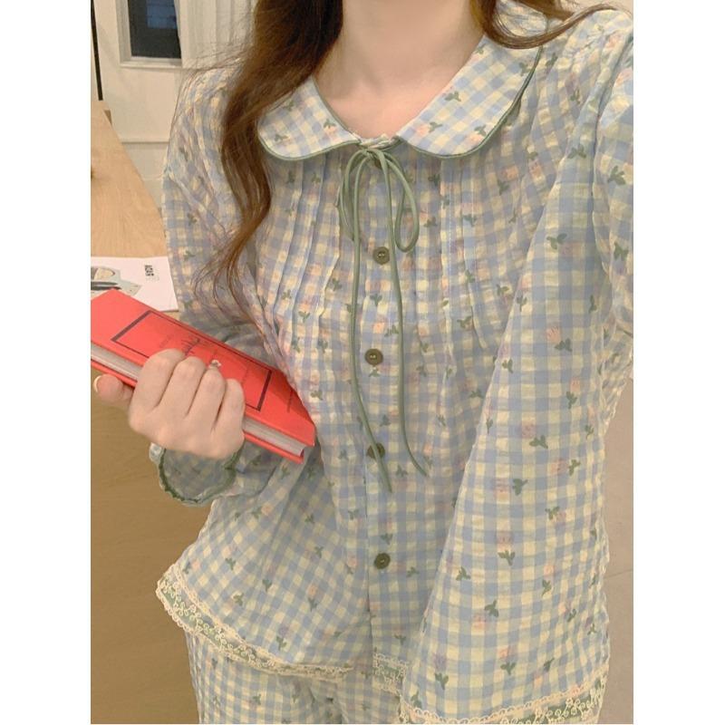 睡衣女春秋韩版甜美娃娃领碎花格时尚套装