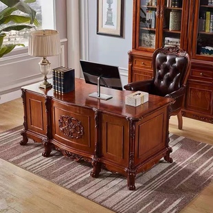 美式实木书桌欧式古典雕花写字台老板办公书桌奢华高端电脑桌