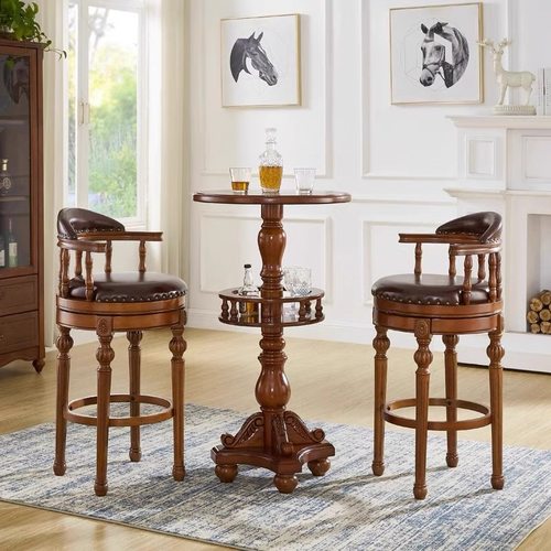 美式实木吧椅高脚凳岛台椅子旋转吧台酒吧桌中古风黑胡桃靠背吧凳