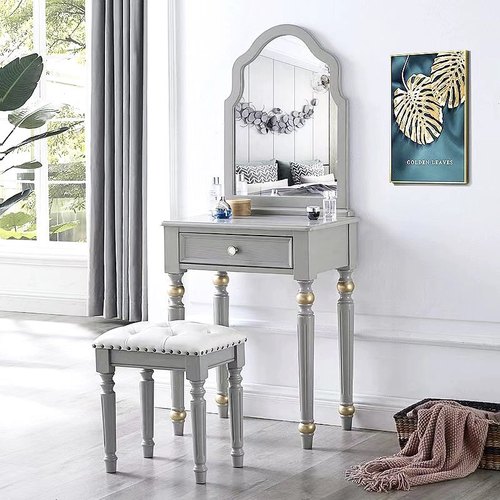 美式梳妆台轻奢法式实木莫兰迪灰梳妆桌卧室小型迷你化妆桌带妆镜