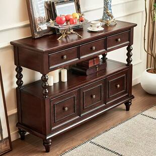 美式客厅实木餐边柜窄柜半圆玄关桌过道柜靠墙中古风玄关柜储物柜