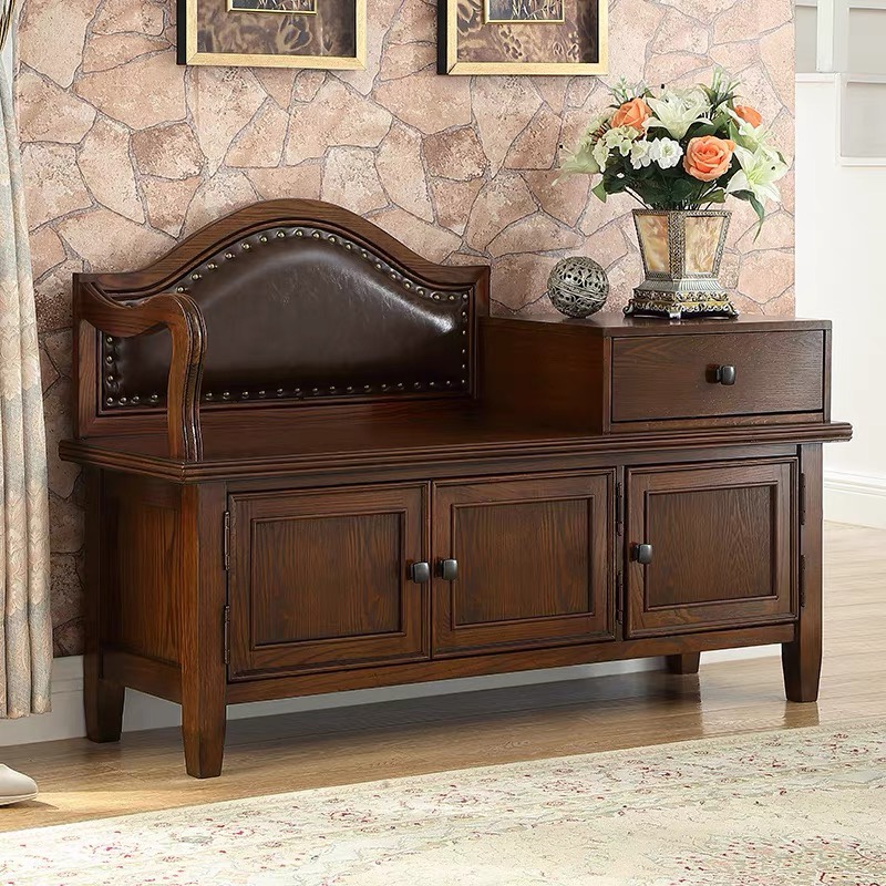 美式实木换鞋凳家用门口可坐一体收纳鞋柜进门入户穿鞋软包座凳子