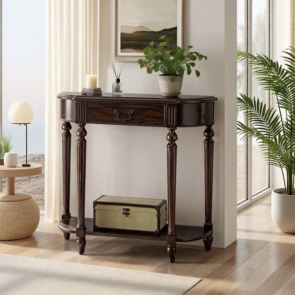 美式实木半圆玄关桌走廊简约玄关台欧式门厅隔断玄关柜靠墙玄关桌