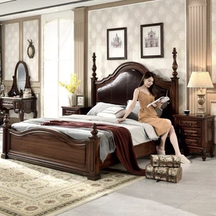 美式复古豪华主卧大床现代简约1米8双人床真皮软包法式轻奢实木床