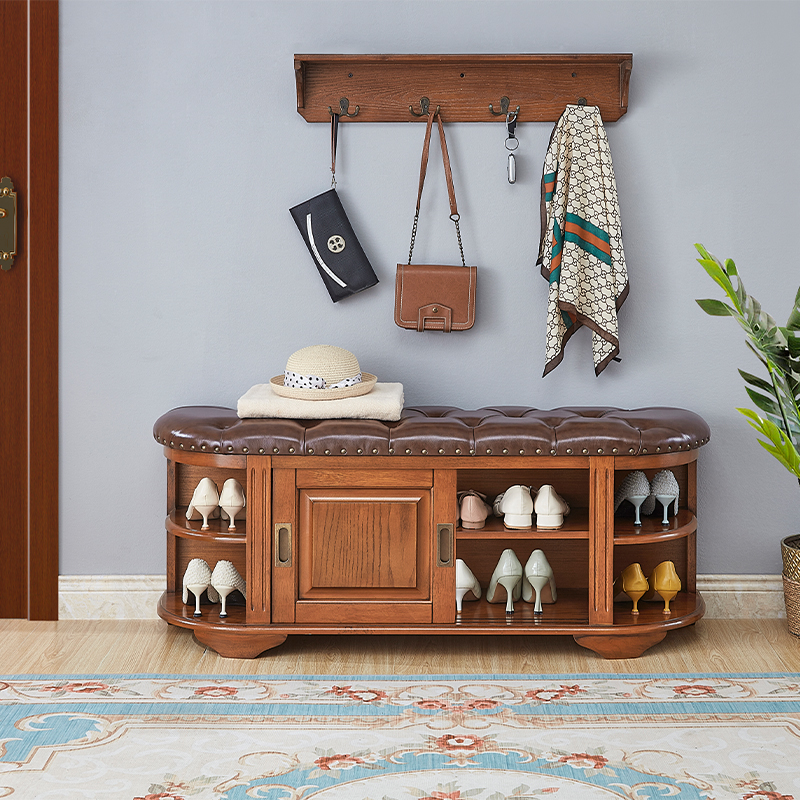 美式全实木翻斗多功能换鞋凳