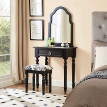 法式复古黑色梳妆台美式全实木家用卧室欧式小户型化妆桌一体轻奢