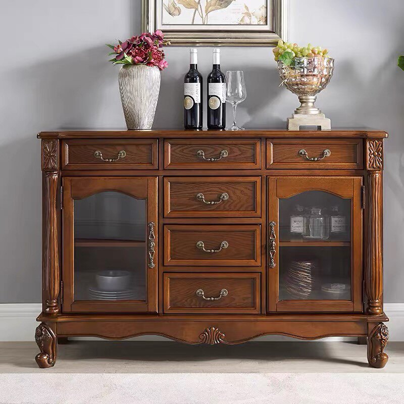 美式餐边柜厨房欧式实木酒柜玻璃门靠墙餐厅储物柜碗柜客厅茶水柜