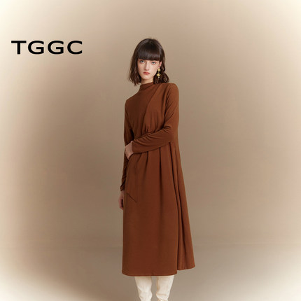 台绣连衣裙半高领纯色扭结挂片气质新中式国风长裙秋款F37158