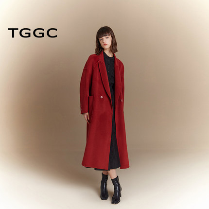 台绣双面毛呢外套女纯色气质全羊毛大口袋保暖羊毛大衣冬J37138