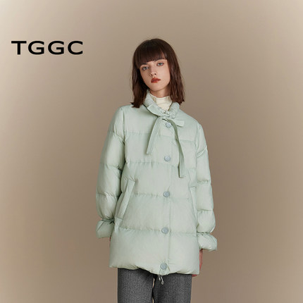 台绣羽绒服纯色轻薄肌理感立领抽绳系带喇叭袖鸭绒外套冬J37311