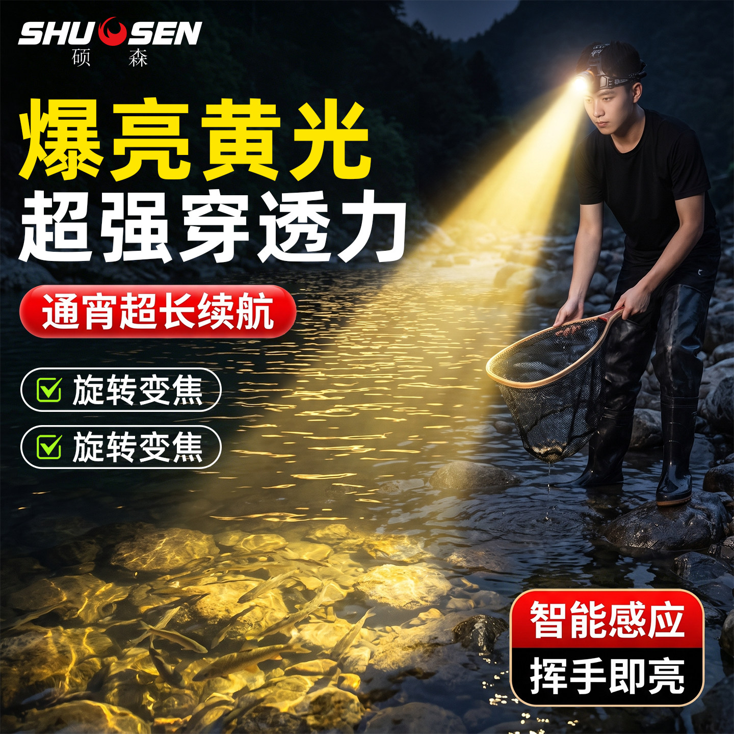 硕森2026新款头戴式大功率头灯强光充电超亮超长续航户外野外钓鱼