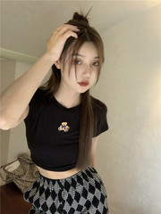 實拍實價刺繡領結小熊百搭純色緊身短袖T