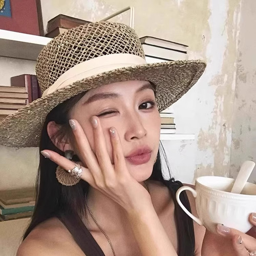 法式老钱风编织平顶草帽