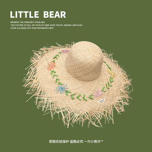 手工编织花朵拉菲草帽女夏海边沙滩度假遮阳帽大帽檐防晒太阳帽子