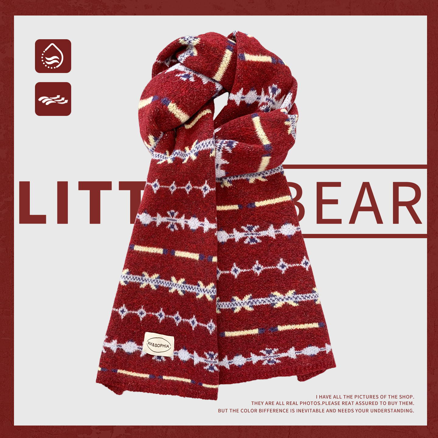 红色费尔岛风小众提花条纹针织围巾女冬复古加厚防寒保暖护颈围脖