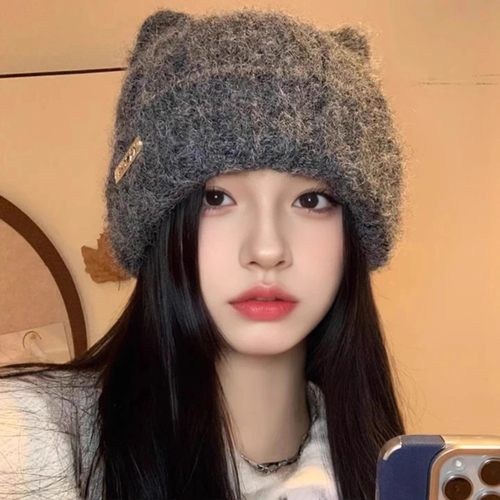 可爱猫耳朵毛绒针织帽保暖护耳