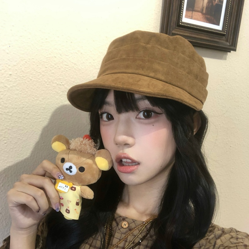 麂皮绒褶皱平顶贝雷帽女秋冬复古美拉德八角帽百搭显脸小画家帽子