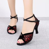 牛仔跳舞鞋 新款 中高跟国标舞女孩大童恰恰练功鞋 成人拉丁舞鞋 女式