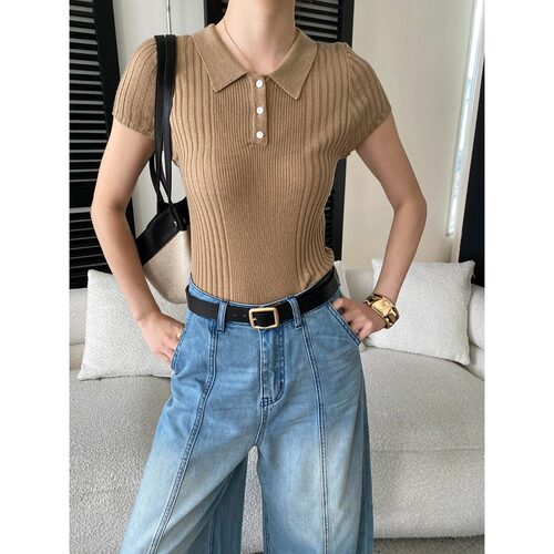 老钱通勤感 法式复古POLO领修身显瘦坑条针织短袖 SN9112