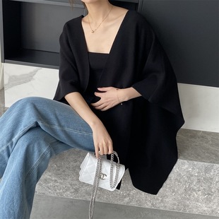 宽松针织开衫 木沐 时尚 韩版 上衣女B7310 气质纯色披肩外套秋冬新品