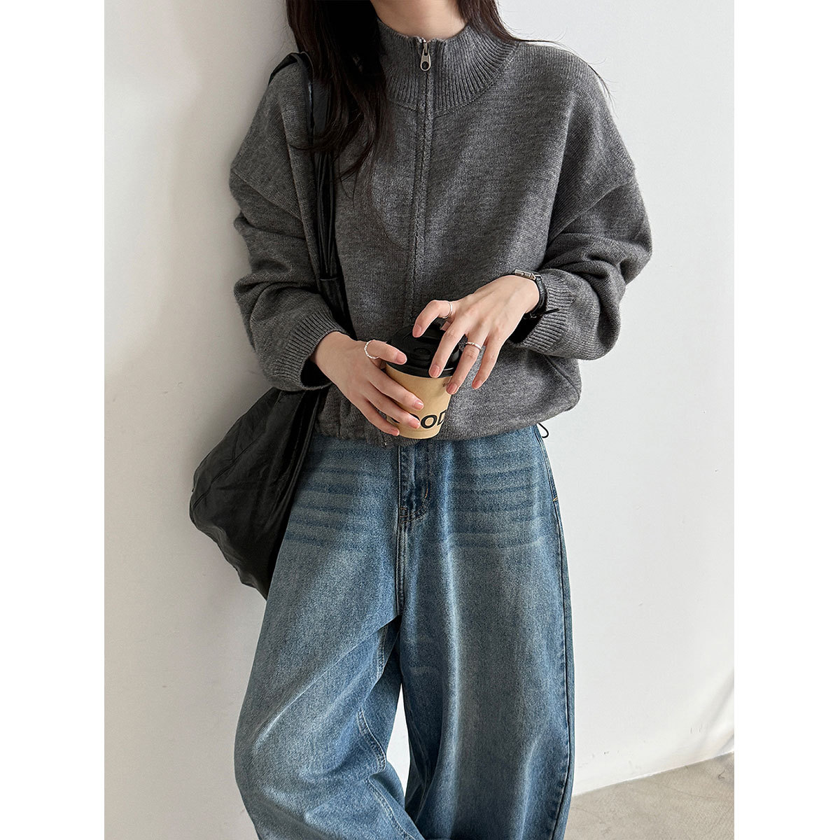 立领拉链抽绳针织毛衣女26秋新韩系开衫百搭卫衣外套ss1044