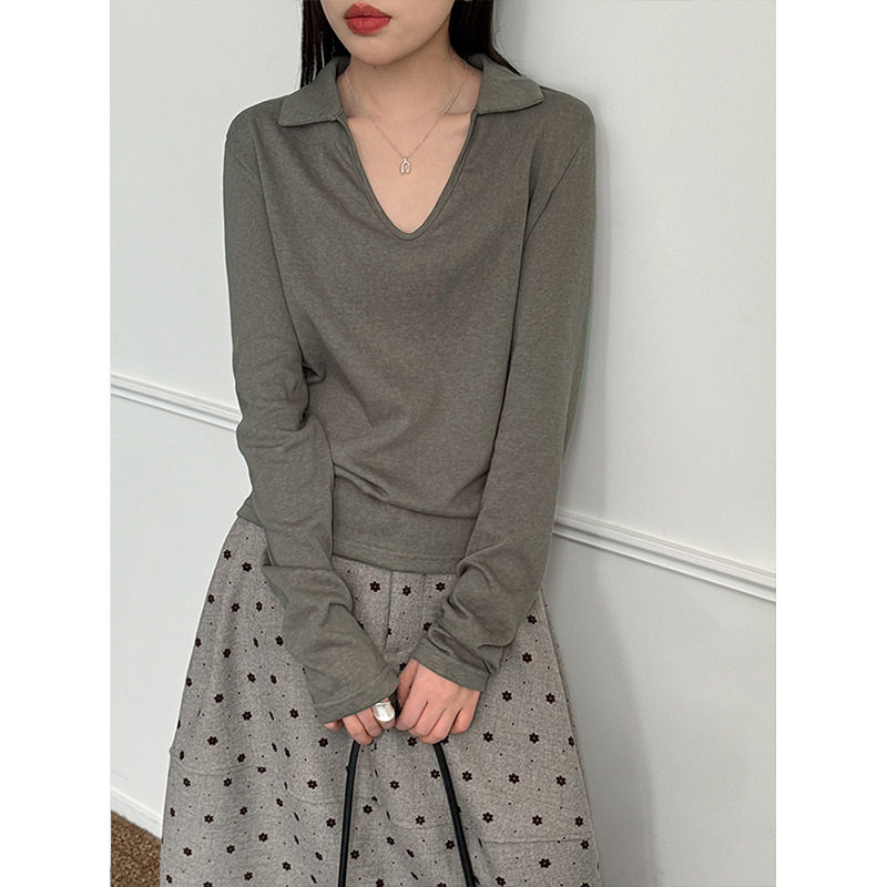 秋季新品上新韩系长袖T恤女翻领老钱风休闲上衣77205