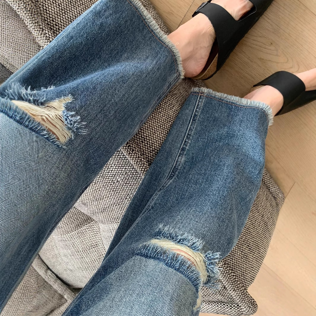 朵妮DN 九分破洞牛仔裤女夏季薄款凉感莱赛尔天丝宽松阔腿直筒裤