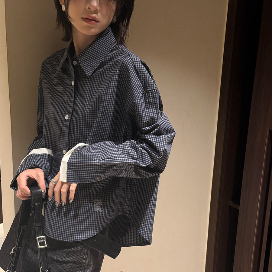 早秋新款翻领格子衬衣女2026韩系小众显瘦气质潮流衬衫上衣潮