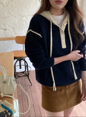 3th Morning 松弛学院风 纽扣半门襟撞色抽绳连帽毛衣ZY3628
