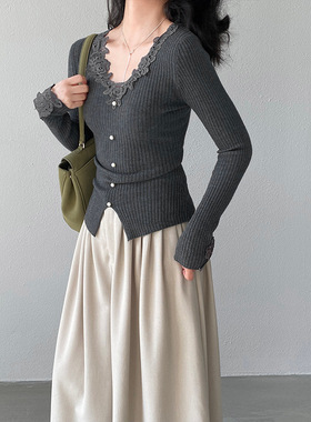 江左 纸片打底 法式v领花边收腰显瘦针织衫气质感上衣春 c87