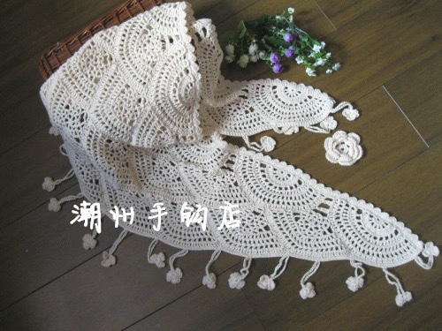 森女 手作钩花扇子花三叶草流苏三角披肩 围巾棉线 送胸花别针