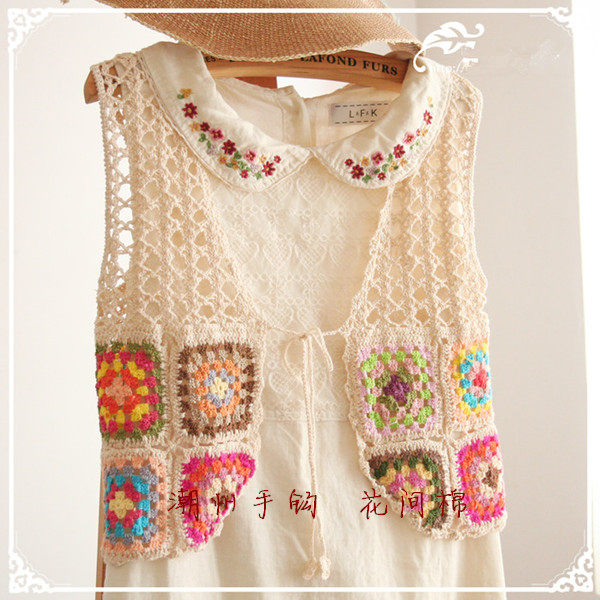 原创单品森系清新彩色钩花镂空棉线背心 马甲 坎肩