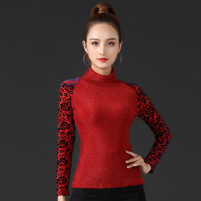 新款拉丁舞上衣成人女夏季摩登舞国标舞蹈服装高领长袖跳舞练功服