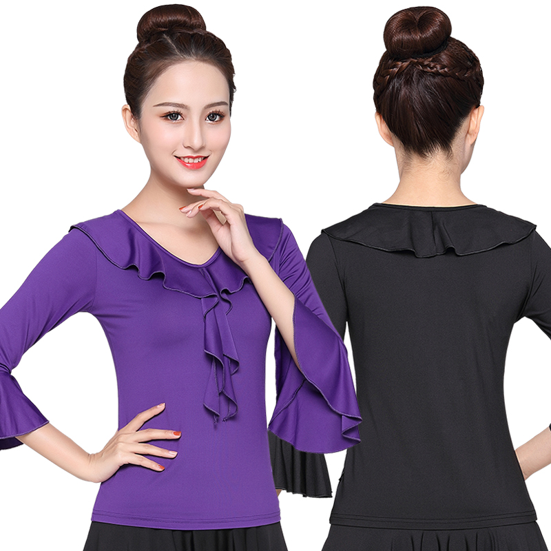 春夏广场舞服装新款中袖上衣成人女喇叭袖舞蹈衣服健身跳舞表演服