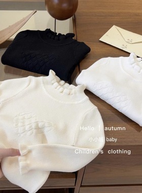 女童韩版春秋新款毛衣女宝宝纯色花边半高领打底衫儿童洋气针织衫