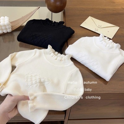 女童韩版春秋新款毛衣女宝宝纯色花边半高领打底衫儿童洋气针织衫