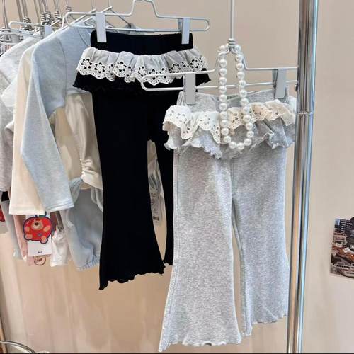 女童秋季打底裤儿童新款芭蕾风假两件花边喇叭裤女宝宝洋气休闲裤