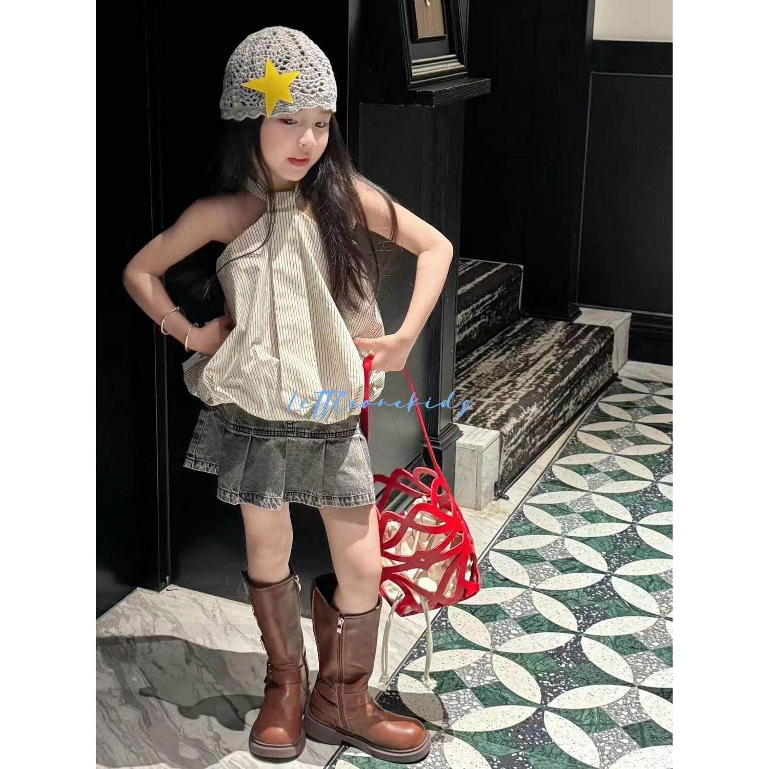 女童条纹挂脖背心牛仔百褶裙套装夏季新款韩系洋气时髦两件套童装图片