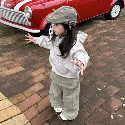 女童加绒加厚套装女宝宝韩版冬季新款重工印花连帽卫衣屁帘牛仔裤