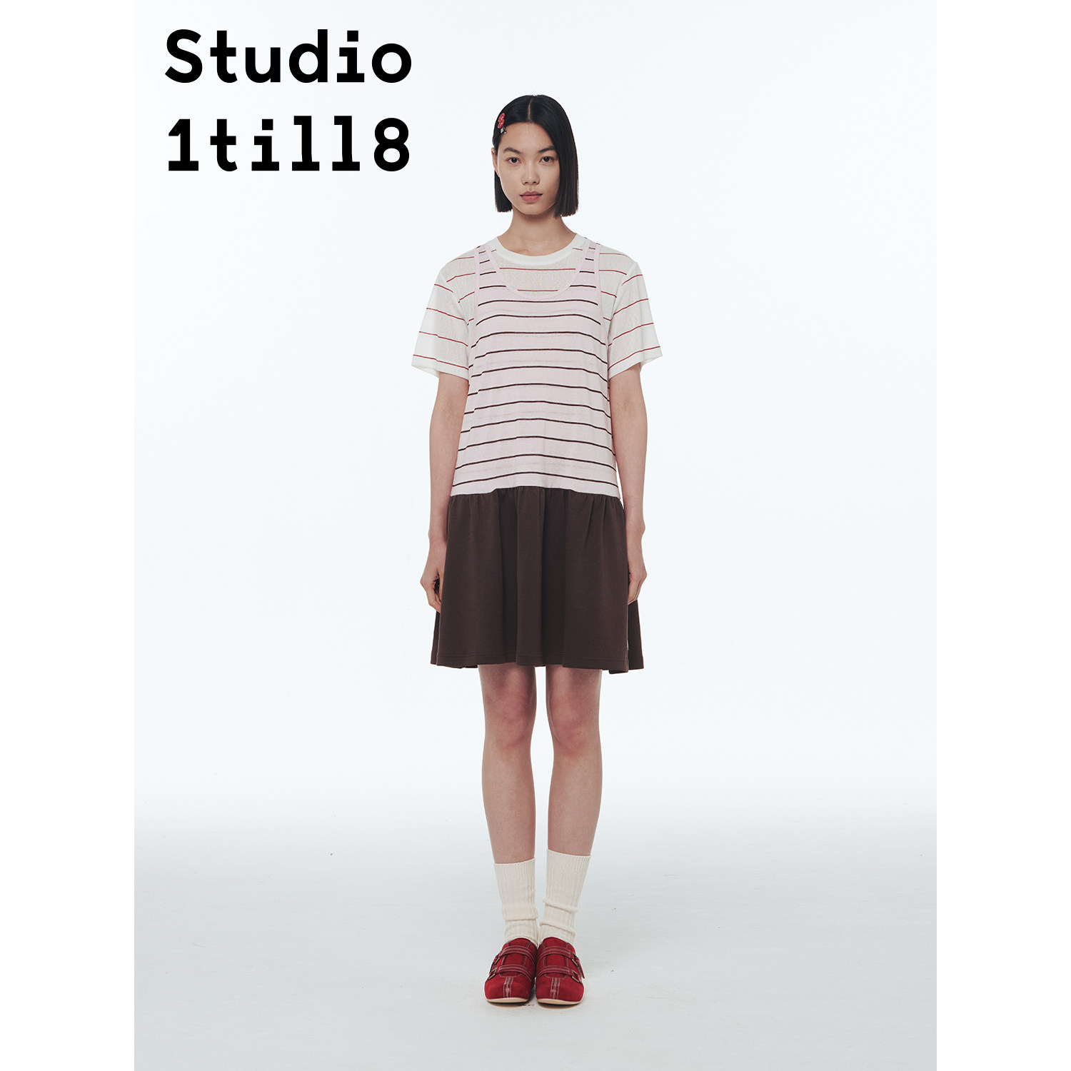 Studio1till8  藏青条纹/粉棕条纹 撞色假两件拼接短袖T恤连衣裙