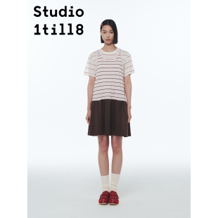 Studio1till8 藏青条纹/粉棕条纹 撞色假两件拼接短袖T恤连衣裙
