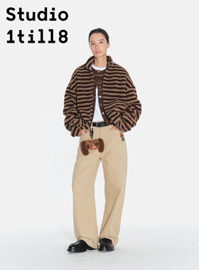 Studio1till8 驼黑红拼色中性风冬季保暖上衣复古条纹摇粒绒外套