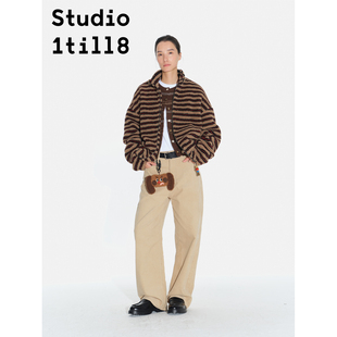 Studio1till8 驼黑红拼色中性风冬季保暖上衣复古条纹摇粒绒外套