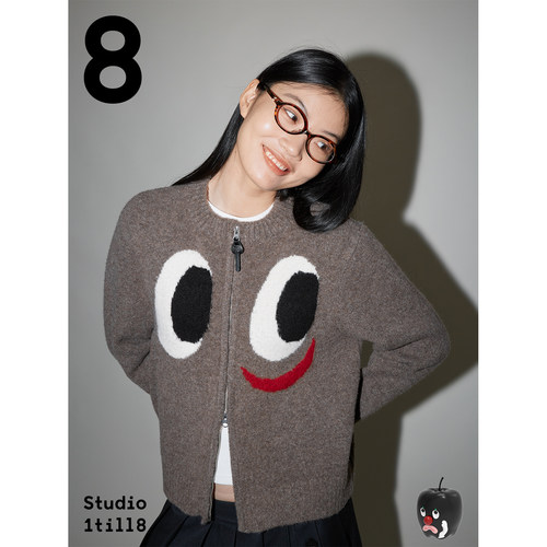 表情图案圆领拉链开衫