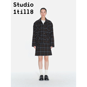 Studio1till8 羊毛混纺毛呢外套 式 格纹上衣短裙套装 波浪口袋衬衫