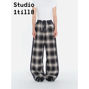 Studio1till8 直筒宽松抽绳系带文艺风长裤黑白格纹拼接休闲裤女